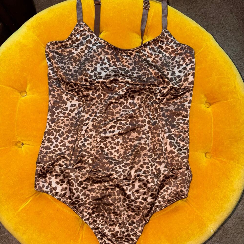 Sofia Intimates Leopard Print Shapewear Bodysuit XXL Satin Corset Style
